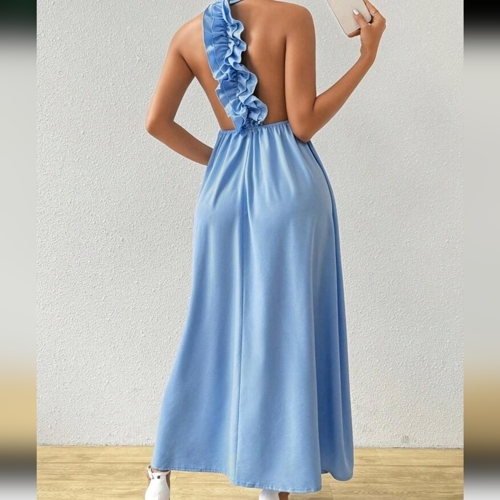 Color Sleeveless Round Neck Pleated Lace Hem Bac Summer Dress - Picture 3 of 5